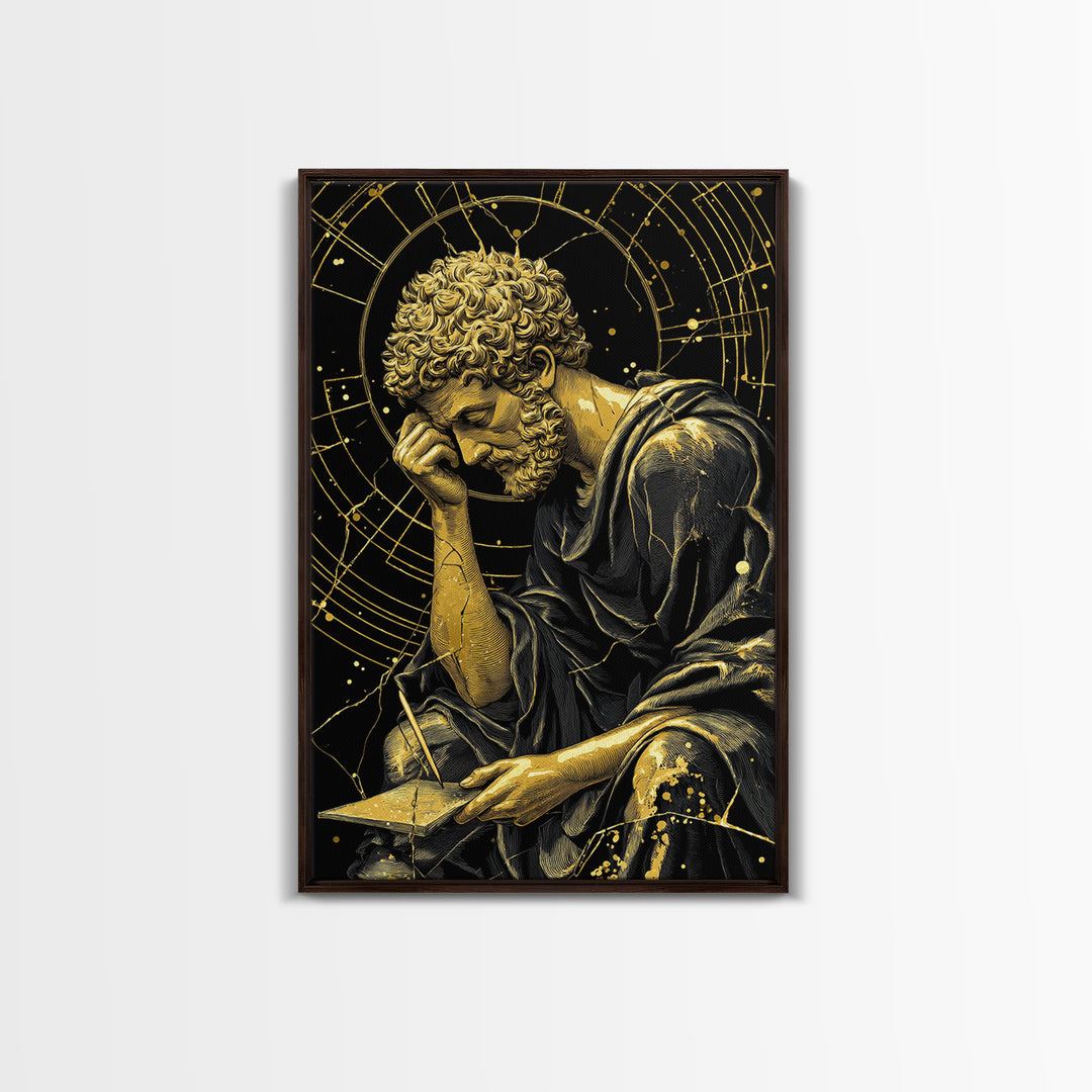 Canvas Gold Canvas Print, Pensive Philosopher Study Art, Ancient Scholar Wall Decor, Roman Thinker Artwork, Real Wood Frame