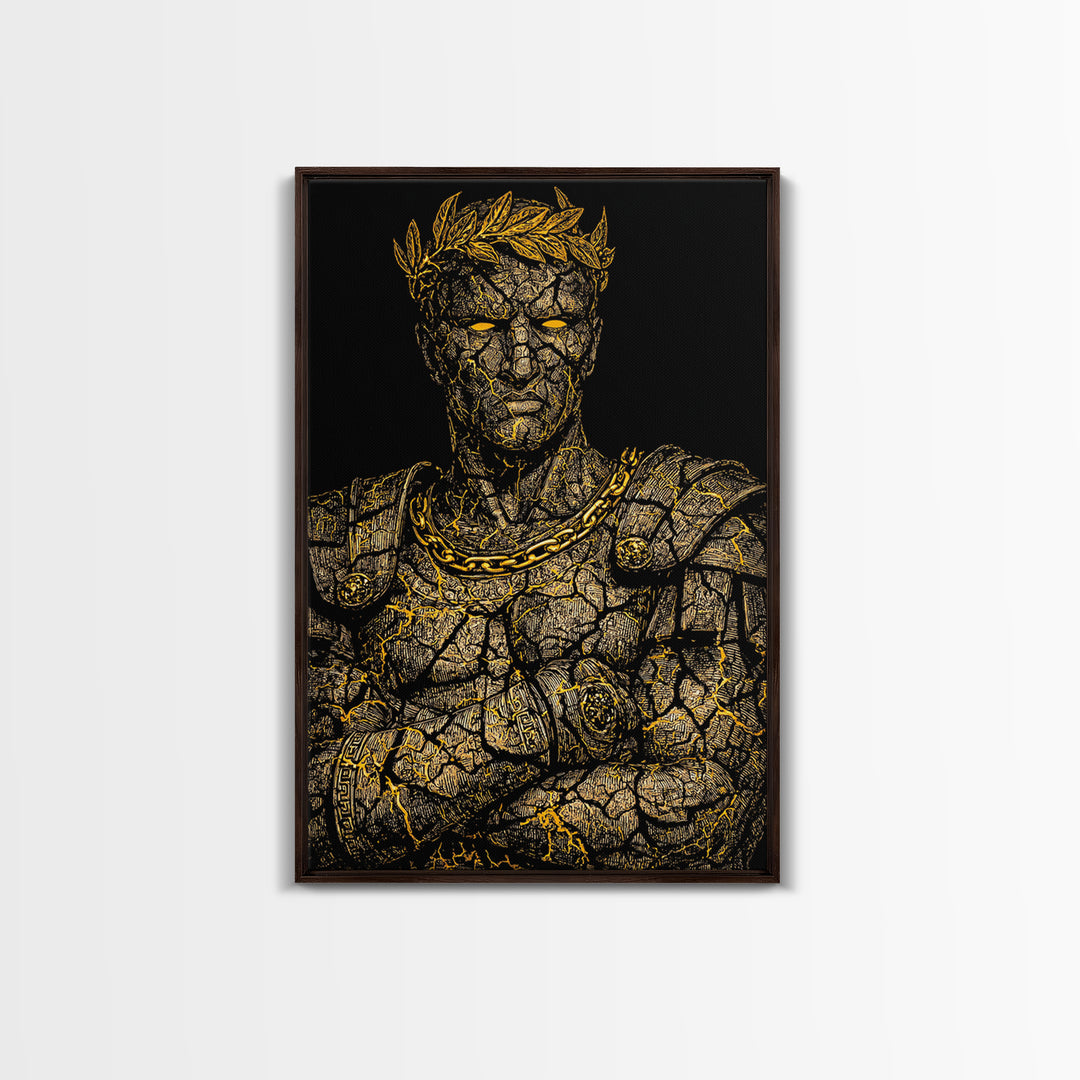 Roman Emperor Bust Canvas Gold Canvas Print, Mythology Wall Art, Regal Warrior Portrait, Classical Decor, Real Wood Frame