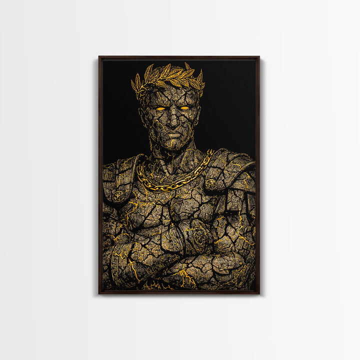 Roman Emperor Bust Canvas Gold Canvas Print, Mythology Wall Art, Regal Warrior Portrait, Classical Decor, Real Wood Frame