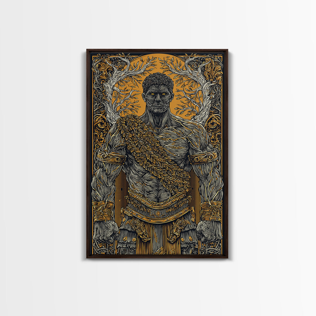 Roman Warrior Canvas Gold Canvas Print, Ancient Strength Wall Art, Mythology Inspired Decor, Luxury Home Accent, Real Wood Frame