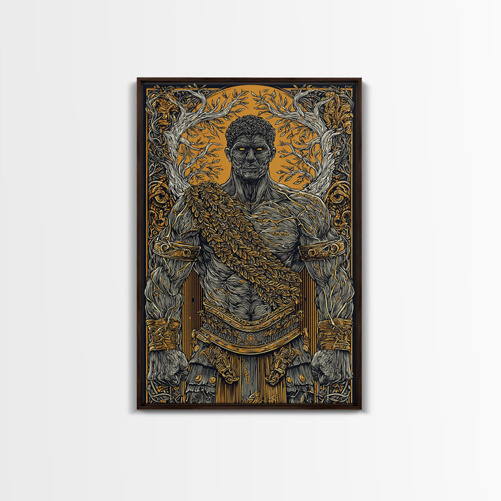 Roman Warrior Canvas Gold Canvas Print, Ancient Strength Wall Art, Mythology Inspired Decor, Luxury Home Accent, Real Wood Frame