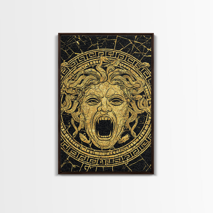 Medusa Head Canvas Gold Canvas Print, Mythology Wall Art, Snake Hair Monster Decor, Greek Legend Artwork, Real Wood Frame