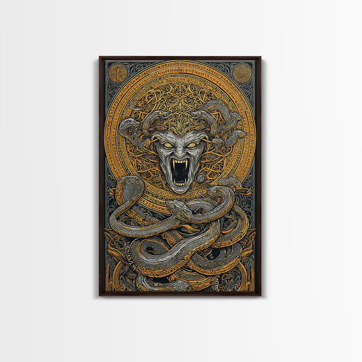 Medusa Serpent Canvas Gold Canvas Print, Mythology Wall Art, Fierce Gorgon Decor, Greek Goddess Inspired Artwork, Real Wood Frame