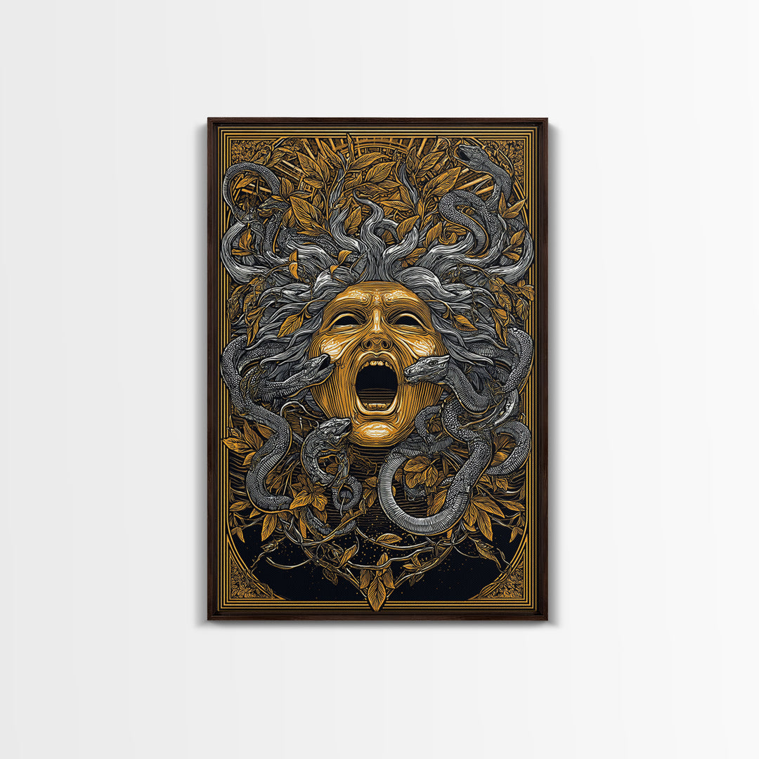 Medusa Mask Canvas Gold Canvas Print, Snake Hair Wall Art, Mythology Decor, Greek Gorgon Artwork, Intricate Myth Print, Real Wood Frame