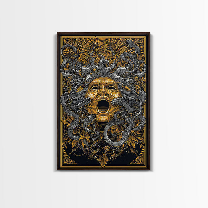 Medusa Mask Canvas Gold Canvas Print, Snake Hair Wall Art, Mythology Decor, Greek Gorgon Artwork, Intricate Myth Print, Real Wood Frame