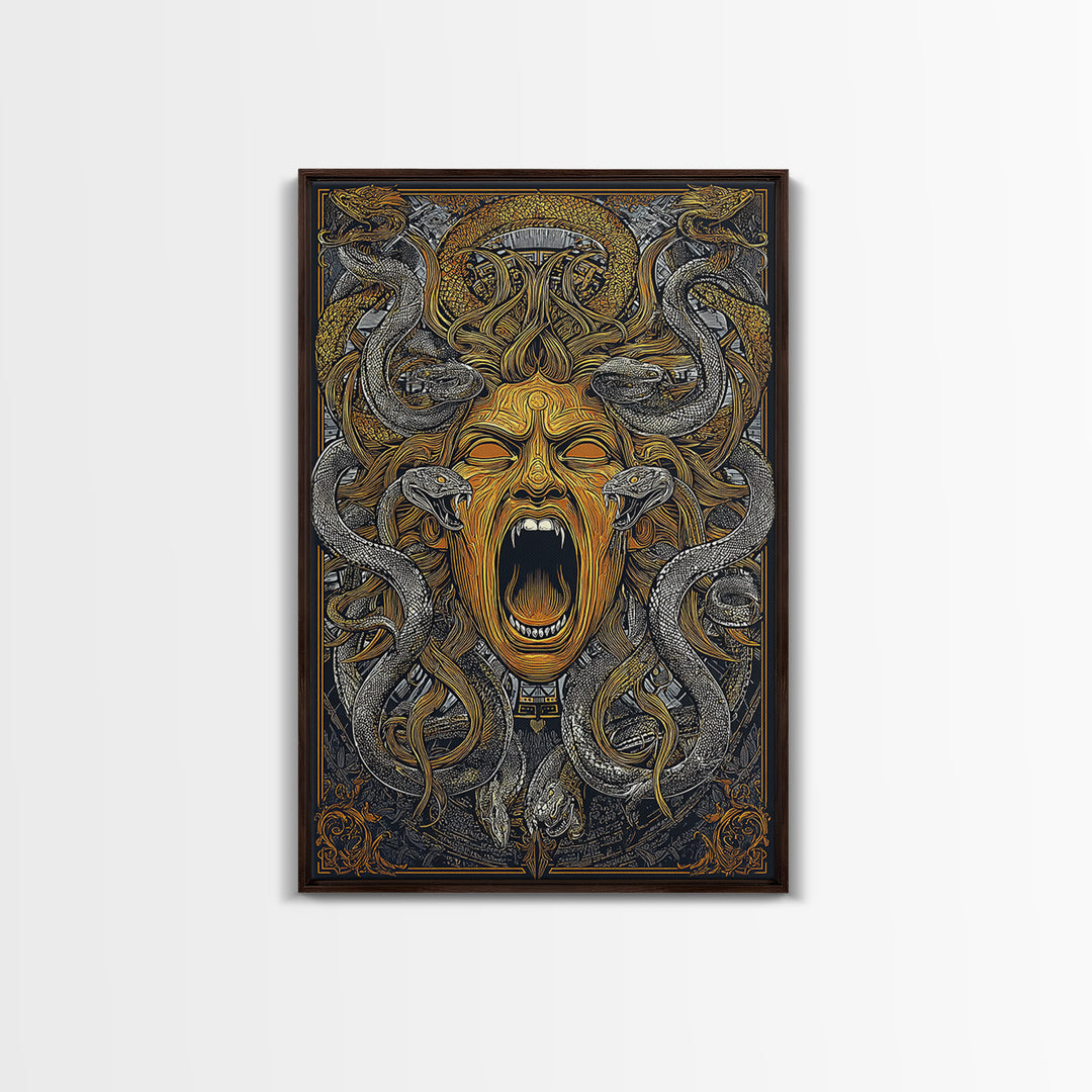 Medusa Snakes Canvas Gold Canvas Print, Mythology Wall Art, Fierce Gorgon Decor, Ancient Greek Inspired Artwork, Real Wood Frame