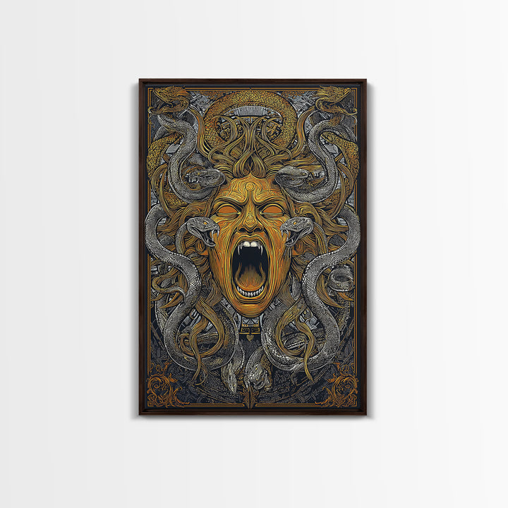 Medusa Snakes Canvas Gold Canvas Print, Mythology Wall Art, Fierce Gorgon Decor, Ancient Greek Inspired Artwork, Real Wood Frame