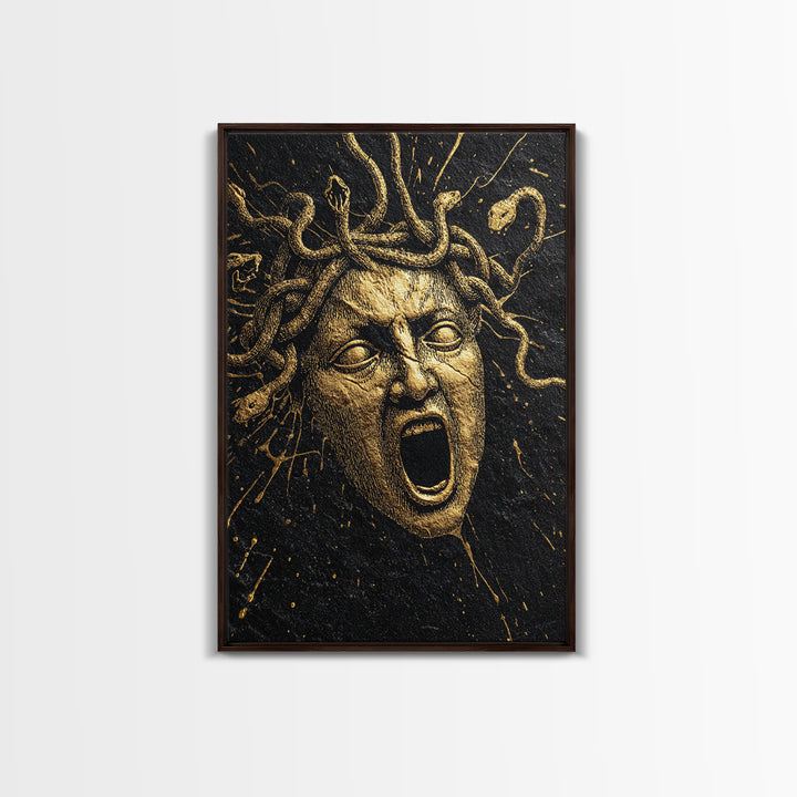Medusa Face Canvas Gold Canvas Print, Mythology Wall Art, Serpent Haired Gorgon Decor, Dark Fantasy Greek Artwork, Real Wood Frame