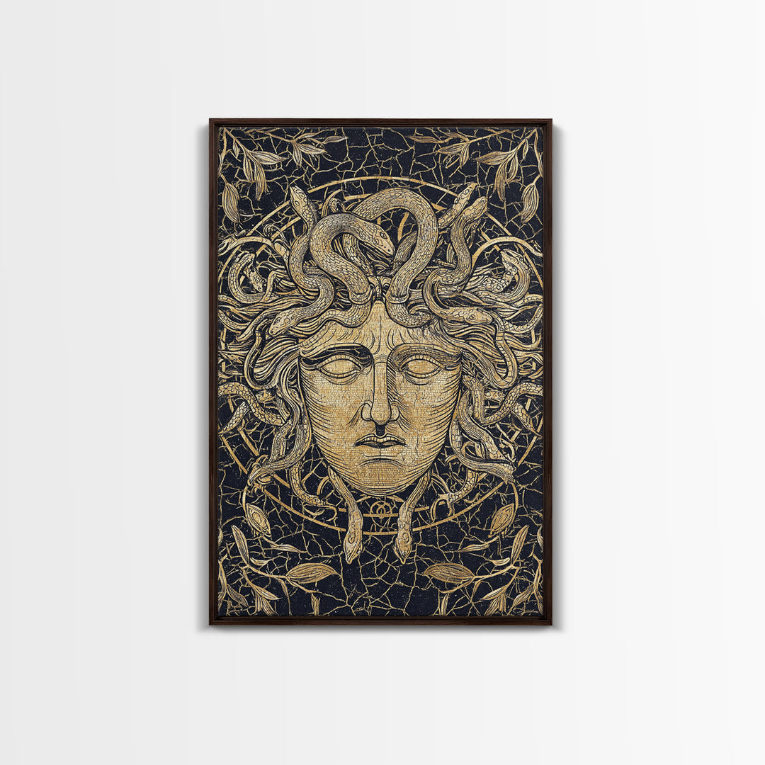 Medusa Head Canvas Gold Art, Mythology Wall Print, Snake Hair Decor, Fierce Ancient Greek Gorgon Artwork, Real Wood Frame