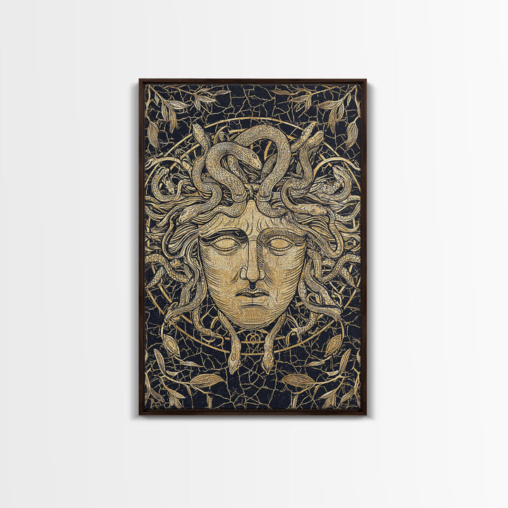 Medusa Head Canvas Gold Art, Mythology Wall Print, Snake Hair Decor, Fierce Ancient Greek Gorgon Artwork, Real Wood Frame
