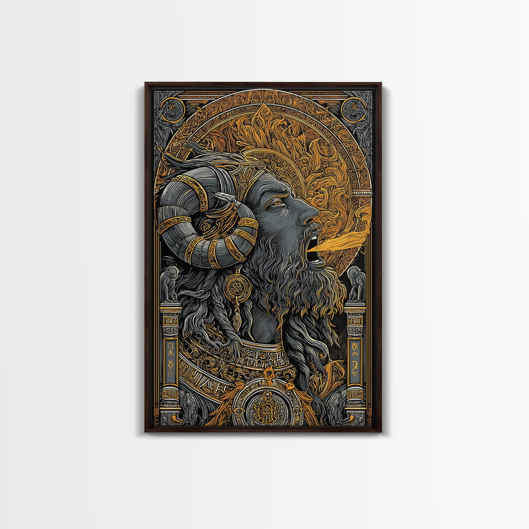 Horned God Canvas Gold Canvas Print, Mythology Wall Art, Fire Breathing Deity Decor, Pagan Inspired Spiritual Artwork, Real Wood Frame