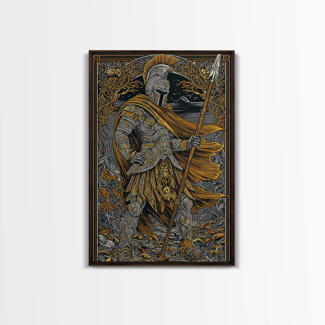 Ancient Hero Canvas Gold Canvas Print, Mythological Warrior Art, Classical Armor Wall Decor, Fantasy Epic Artwork Real Wood Frame