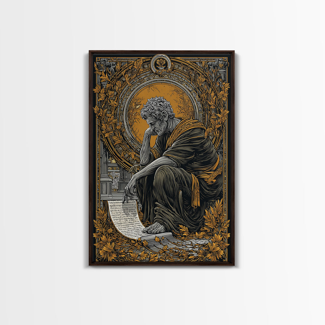 Horned God Canvas Gold Canvas Print, Mythical Warrior Wall Art, Ancient Deity With Flames Artwork, Fantasy Myth Decor Real Wood Frame