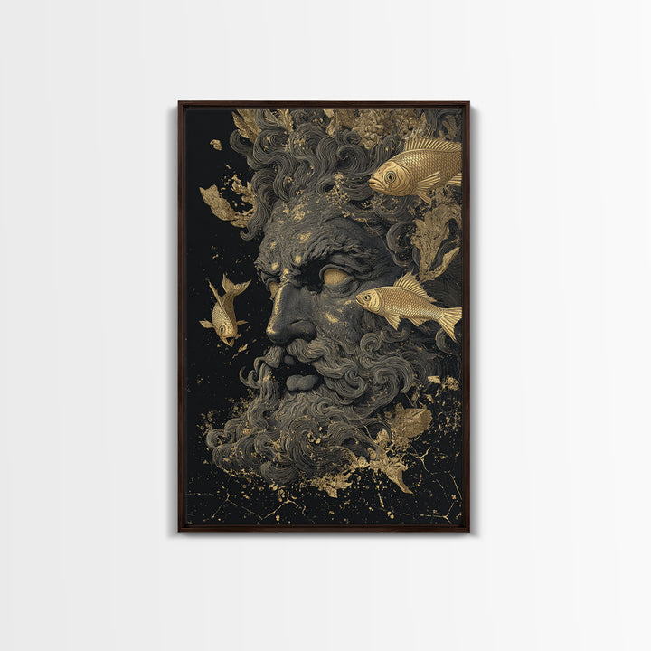 Ocean God Oceanus Canvas Gold Canvas Print, Greek Mythology Sea Deity Art, Real Wood Frame, Elegant Nautical Wall Decor