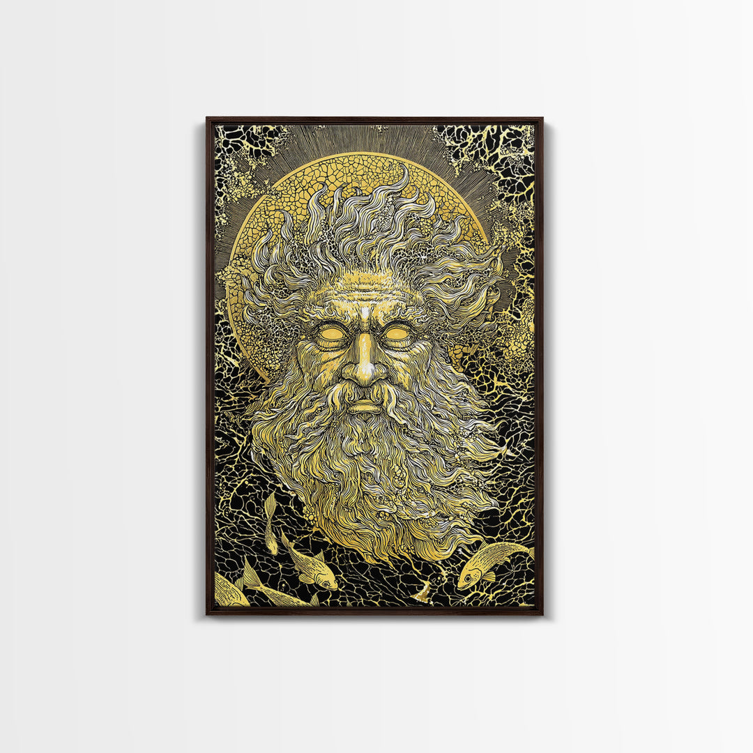 Ancient Sea God Oceanus Canvas Gold Art, Mythological Wall Print, Real Wood Frame, Classical Maritime Inspired Home Decor