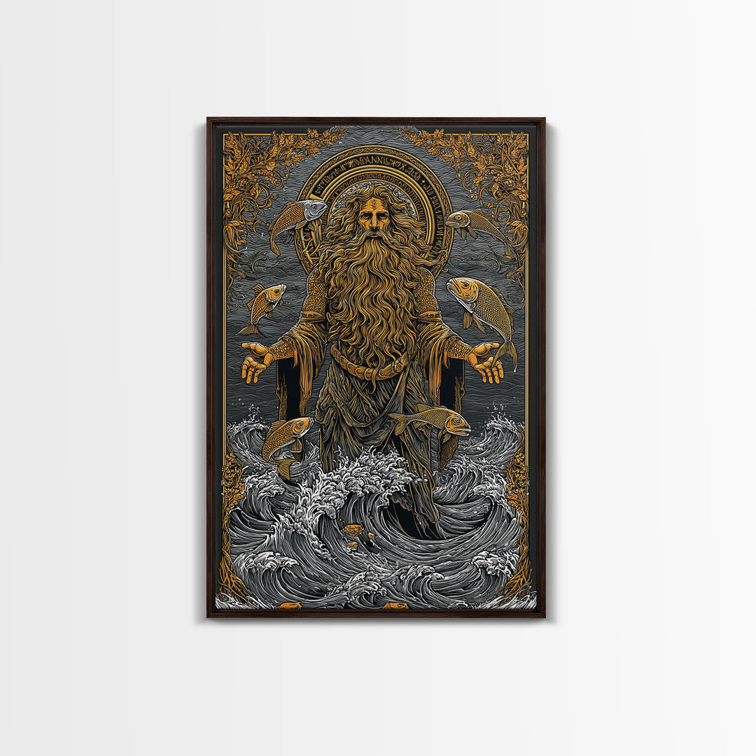 Powerful Titan Oceanus Canvas Gold Canvas Print, Greek Mythology Wall Art, Real Wood Frame, Luxury Ocean Inspired Home Accent