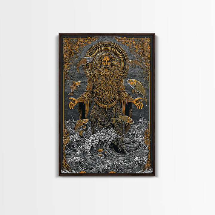 Powerful Titan Oceanus Canvas Gold Canvas Print, Greek Mythology Wall Art, Real Wood Frame, Luxury Ocean Inspired Home Accent