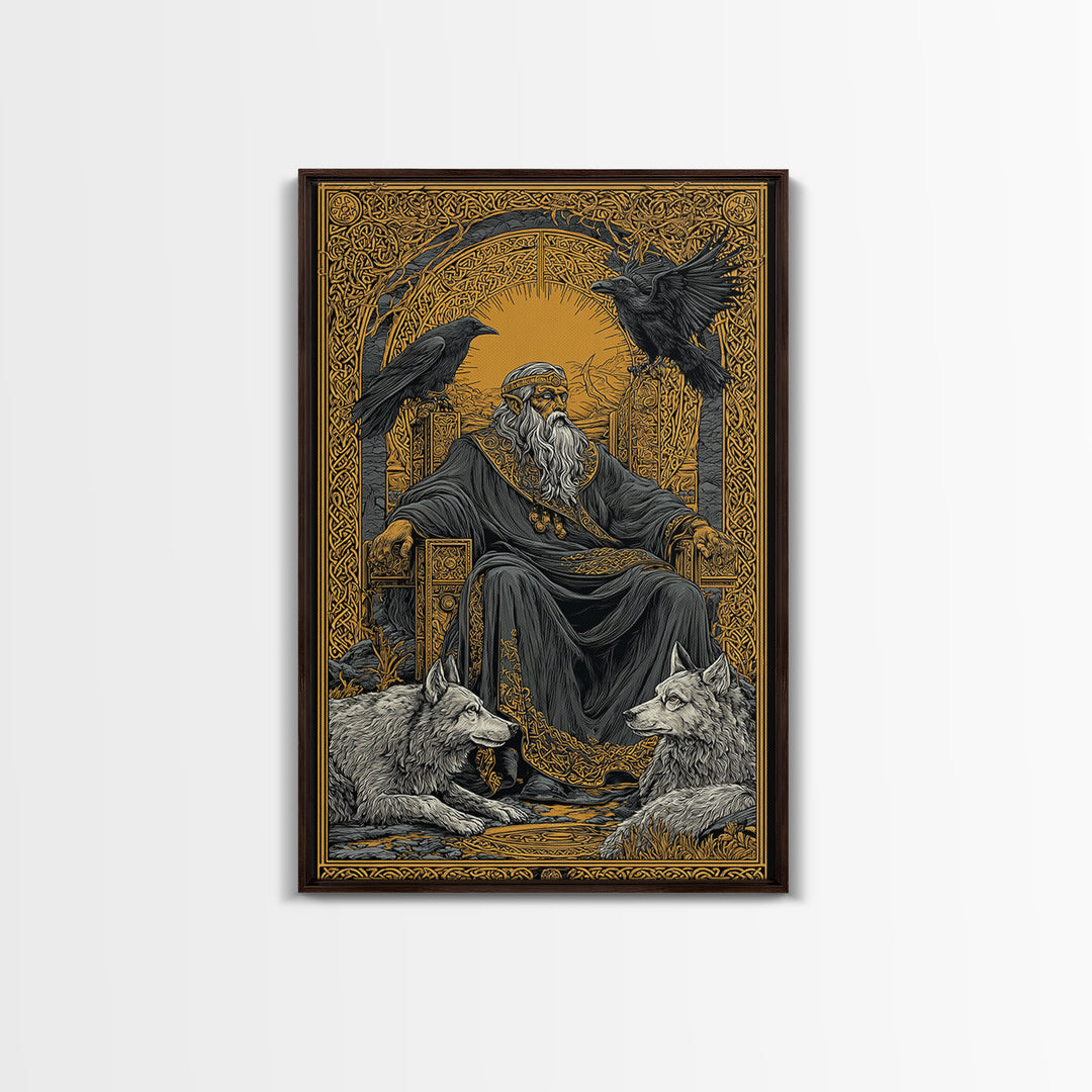 Odin Allfather Canvas Gold Canvas Print, Viking Mythology Wall Art, Real Wood Frame, Norse Legend Inspired Decor For Home