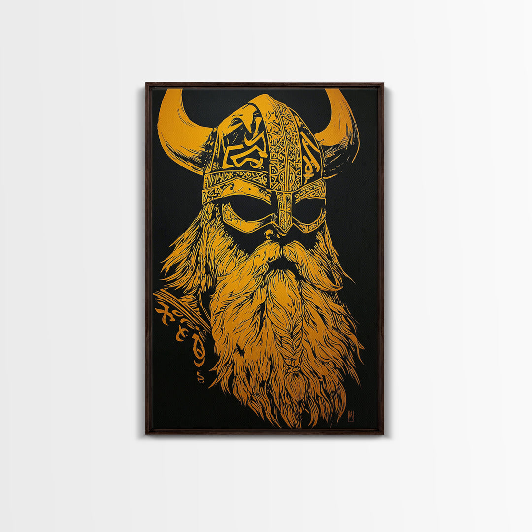 Norse Mythology Odin Canvas Gold Art, Viking Warrior God Canvas Print, Real Wood Frame, Ancient Scandinavian Wall Decoration