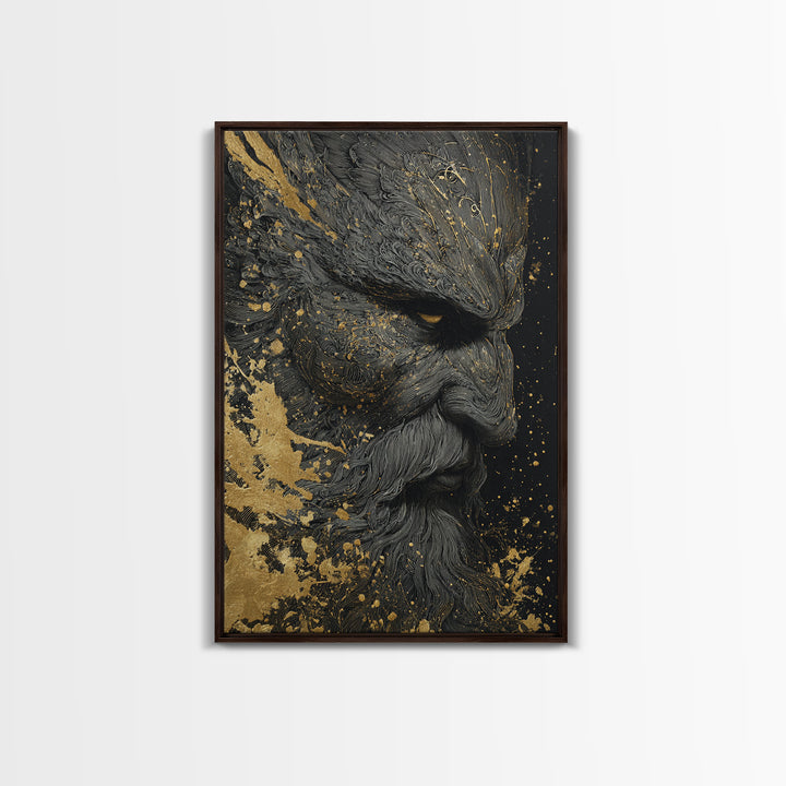 Bearded Warrior Portrait, Textured Detail, Canvas Gold Canvas Print, Mythological Art, Real Wood Frame, Norse Inspired Decor