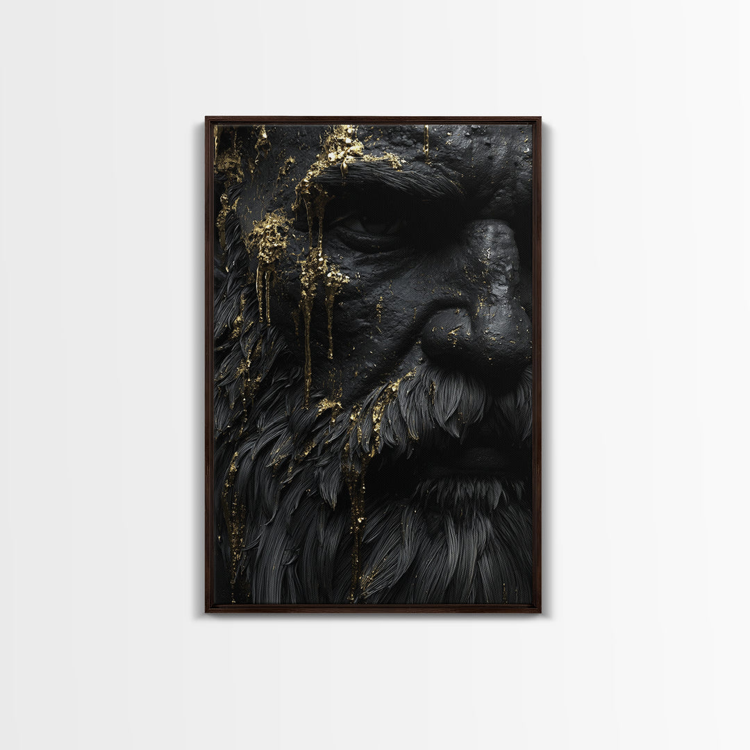 Abstract Mythological Face, Golden Tears Design, Canvas Gold Canvas Print, Textured Wall Art, Real Wood Frame, Dramatic Statement