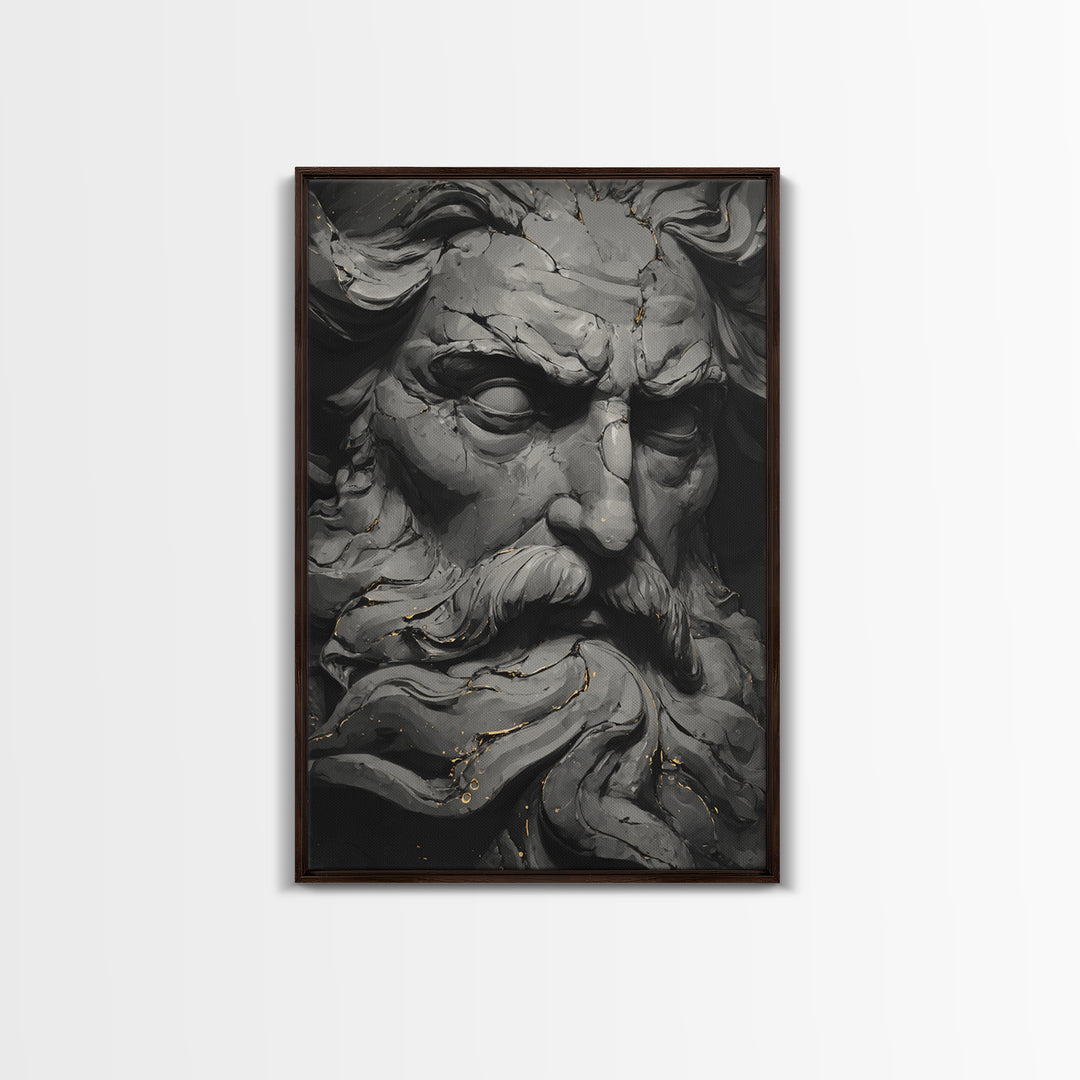 Odin On Throne With Ravens And Wolves, Norse Mythology Decor, Canvas Gold Art, Viking God Print, Real Wood Frame, Nordic Legend