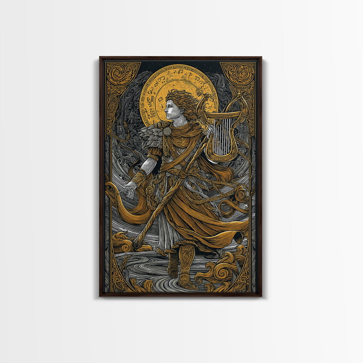 Apollo With Lyre, Greek God Of Music, Mythology Inspired Canvas Gold Canvas Print, Elegant Wall Art, Real Wood Frame, Divine Classic
