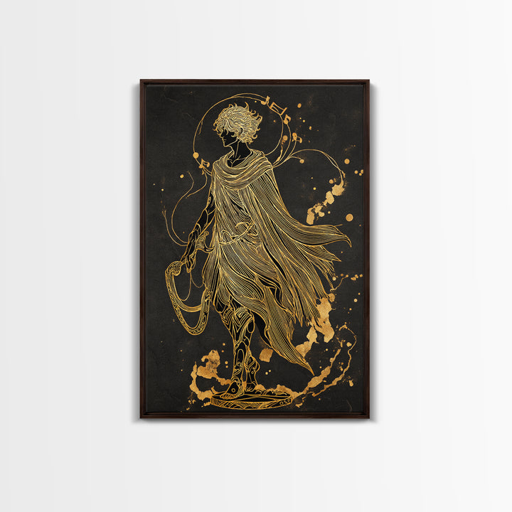 Apollo Figure With Flowing Cloak, Line Art Mythology Design, Canvas Gold Art, Mythical Wall Decor, Real Wood Frame, Elegant Greek