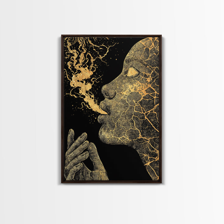 Mystical Goddess Face Exhaling Spirit, Surreal Mythology, Canvas Gold Canvas Print, Spiritual Wall Art, Real Wood Frame, Dreamlike