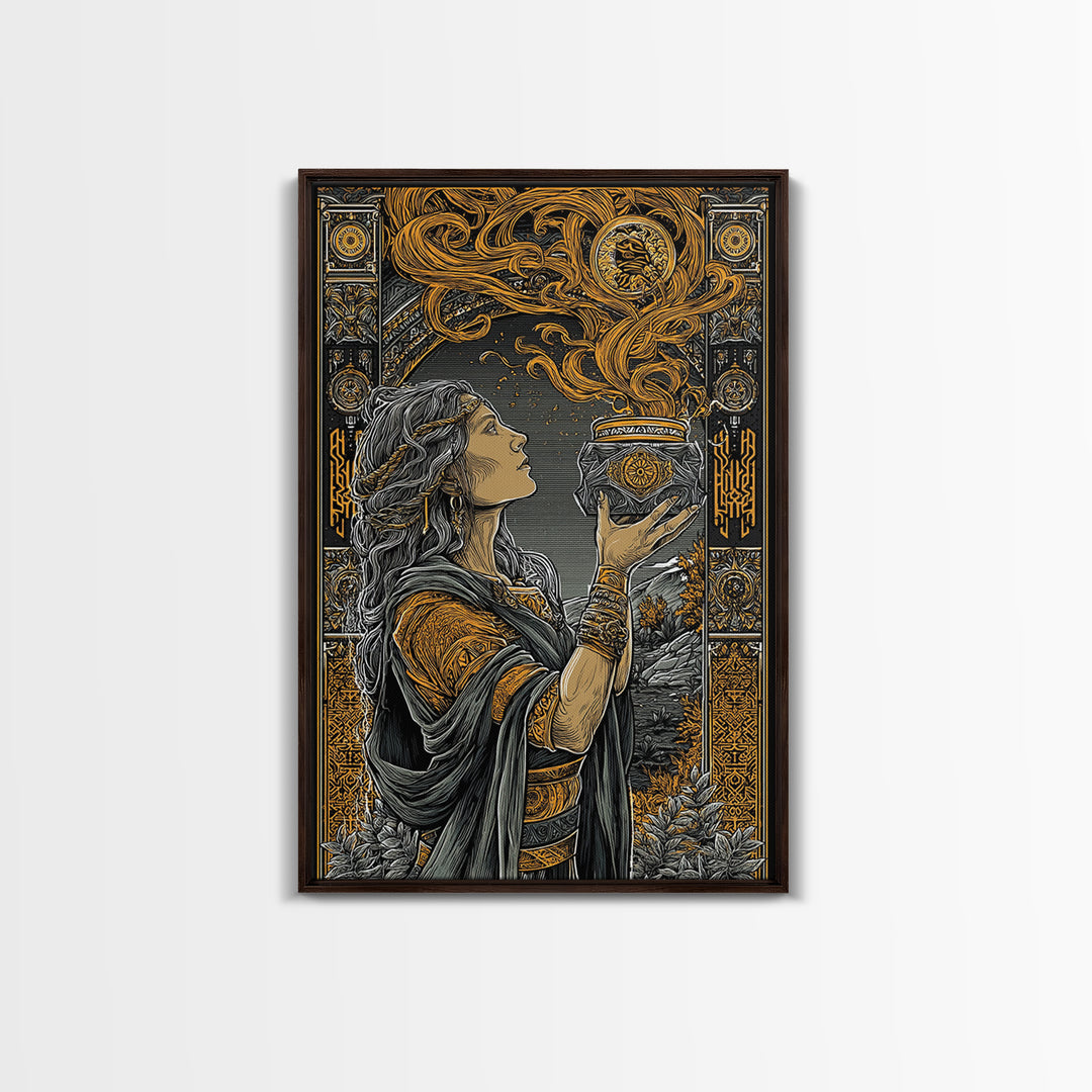 Pandora With Mythical Jar, Ancient Greek Mythology Canvas Gold Art, Detailed Decorative Wall Print, Real Wood Frame, Timeless Classic