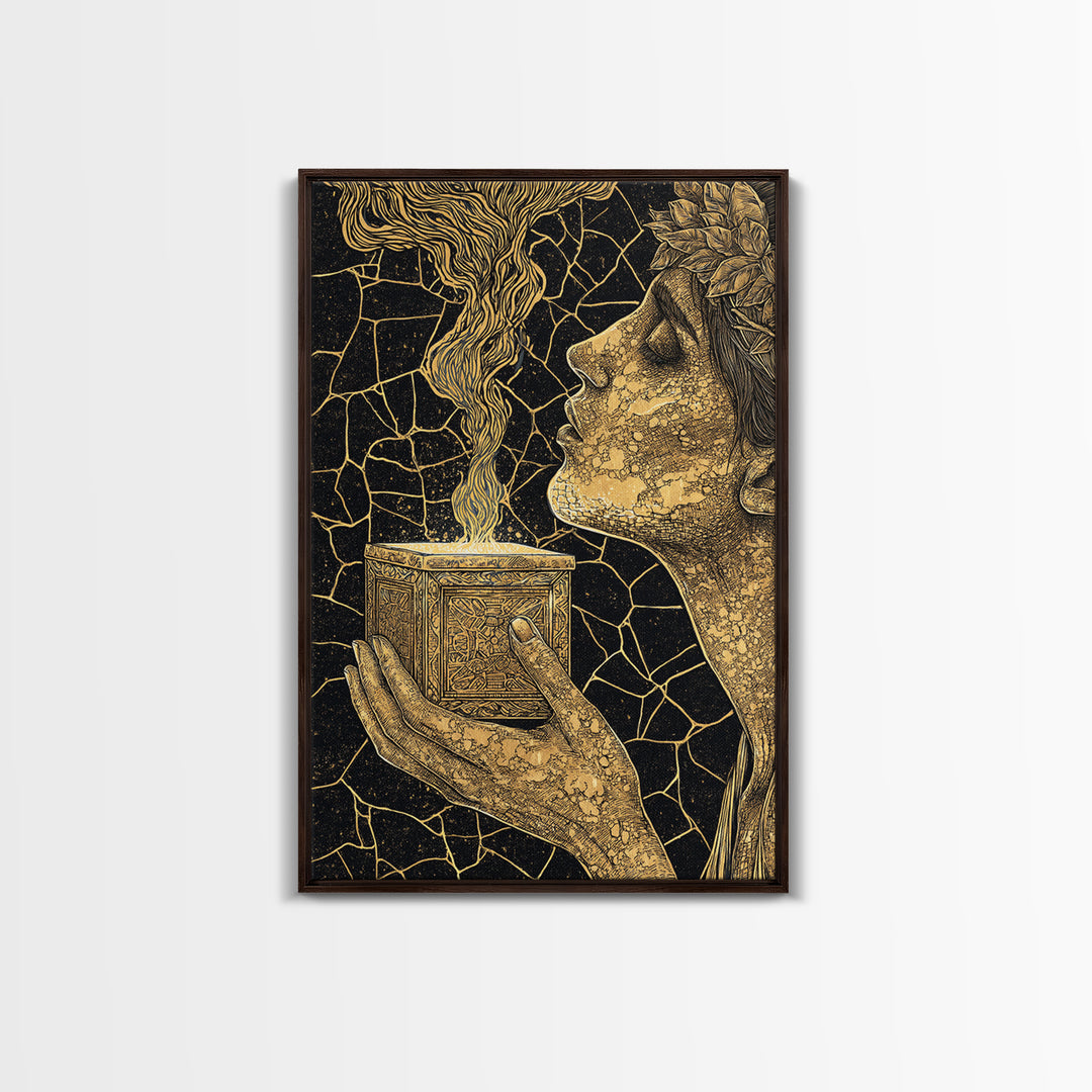 Pandora Opening Mythical Box, Surreal Greek Goddess Design, Canvas Gold Canvas Print, Mythological Wall Art, Real Wood Frame, Enchanting