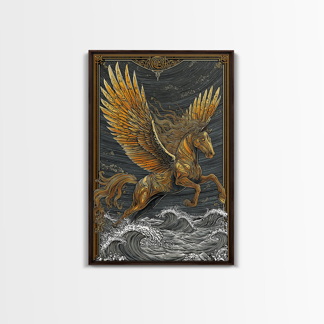 Pegasus Flying Above Waves, Mythical Winged Horse Art, Canvas Gold Art, Greek Mythology Wall Print, Real Wood Frame, Heroic Statement