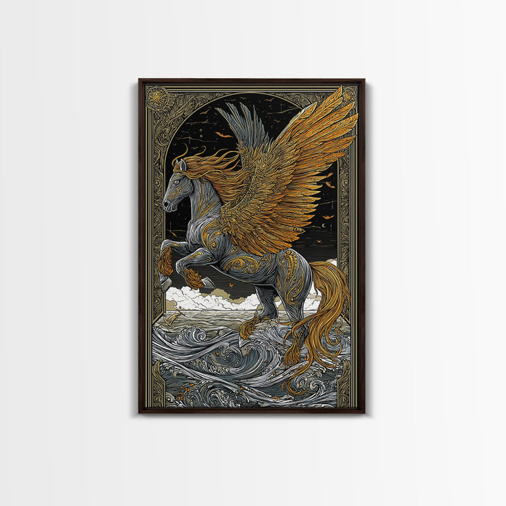 Winged Pegasus Canvas Gold Canvas Print, Mythology Wall Art, Luxury Equine Artwork, Real Wood Framed Mythical Decor