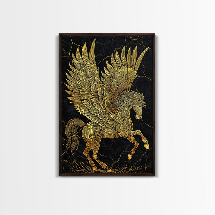 Golden Pegasus Canvas Gold Canvas Print, Mythological Horse Artwork, Elegant Home Wall Art, Real Wood Framed Fantasy Decor