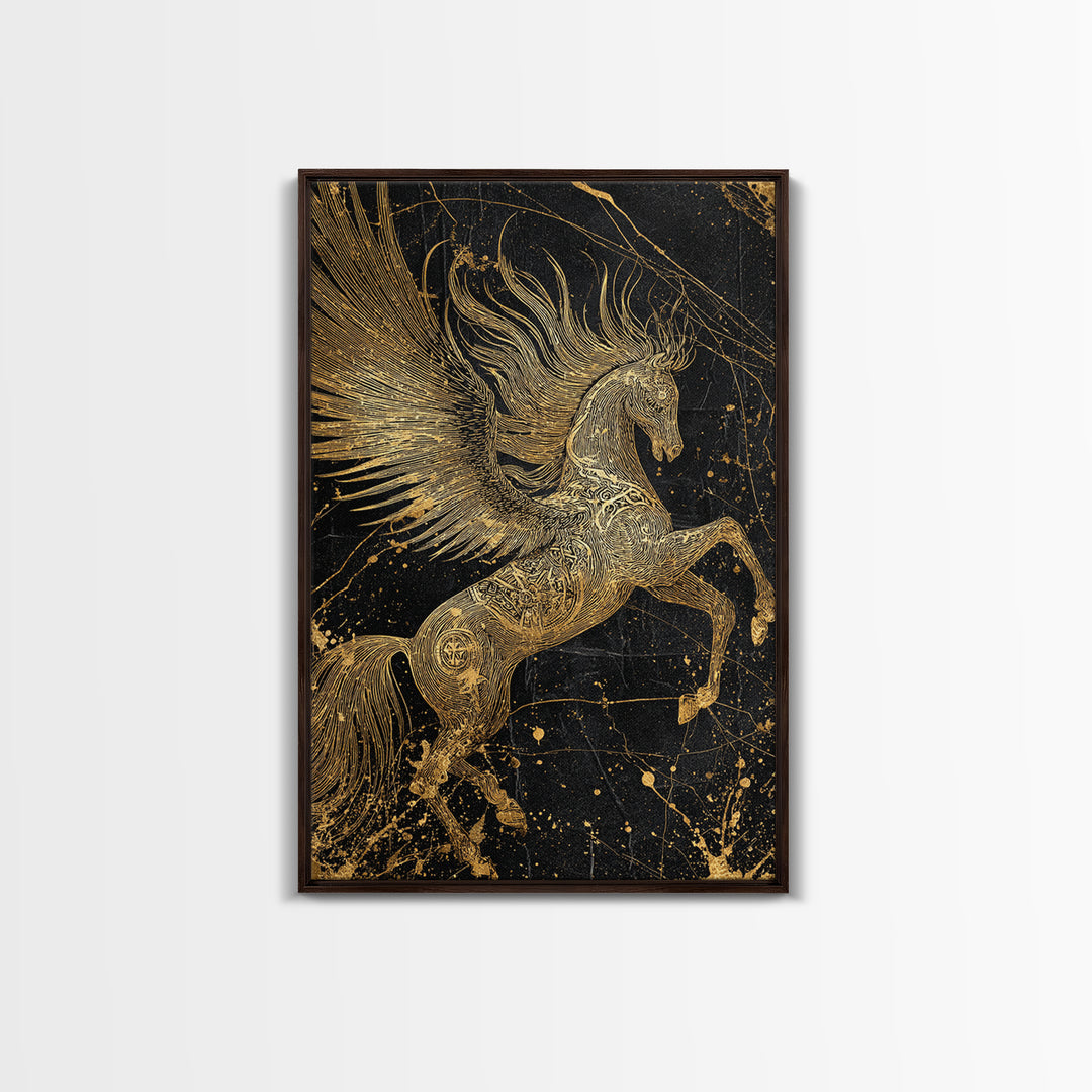 Abstract Pegasus Canvas Gold Art, Mythology Wall Print, Unique Equine Design, Real Wood Framed Modern Mythical Artwork