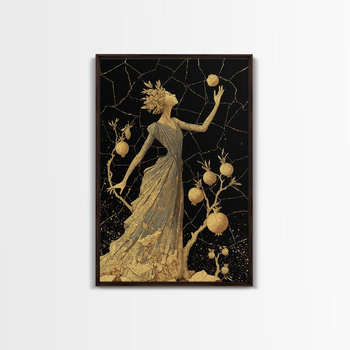 Persephone With Pomegranates Canvas Gold Canvas Print, Mythology Wall Art, Elegant Greek Goddess Decor, Real Wood Frame