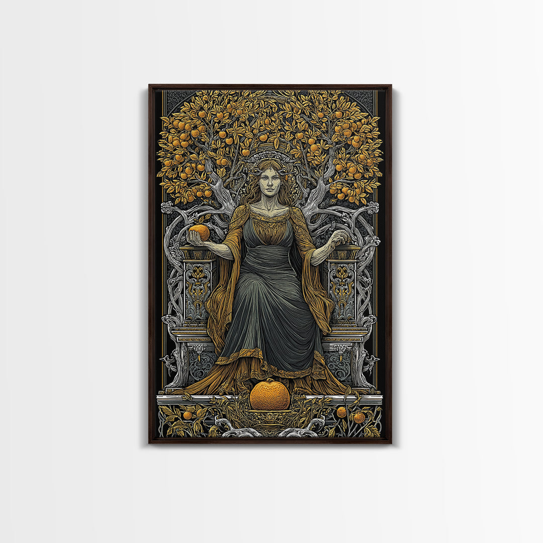 Seated Persephone Canvas Gold Canvas Print, Goddess Of Fertility Wall Art, Mythological Decor, Real Wood Framed Artwork