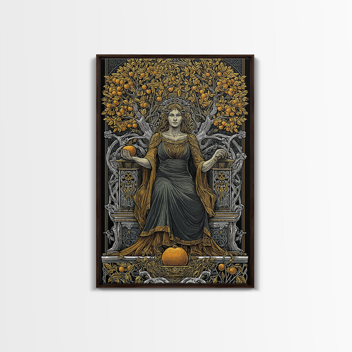 Seated Persephone Canvas Gold Canvas Print, Goddess Of Fertility Wall Art, Mythological Decor, Real Wood Framed Artwork