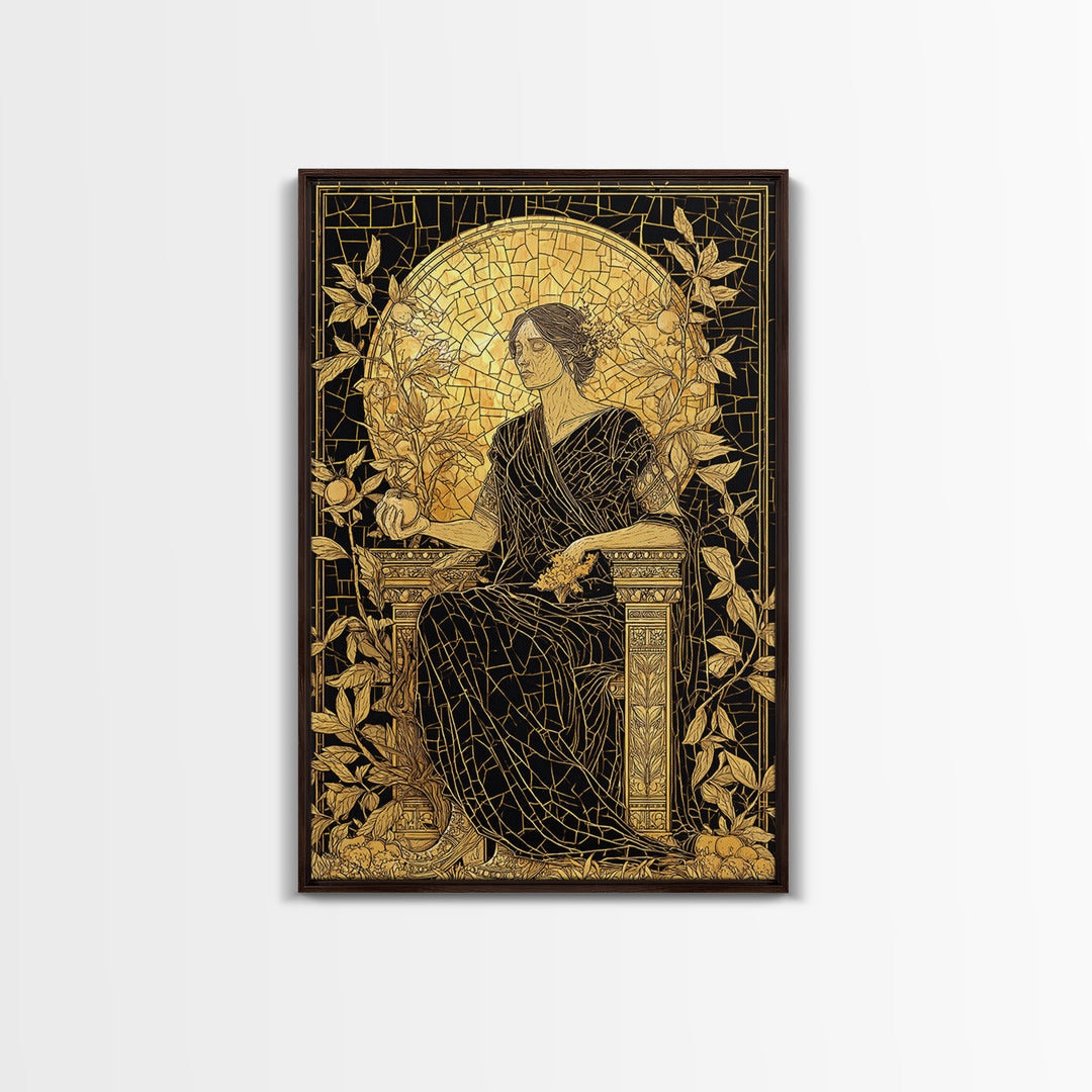 Persephone Mosaic Style Canvas Gold Canvas Print, Mythology Wall Art, Goddess Decor, Elegant Greek Inspired Real Wood Frame