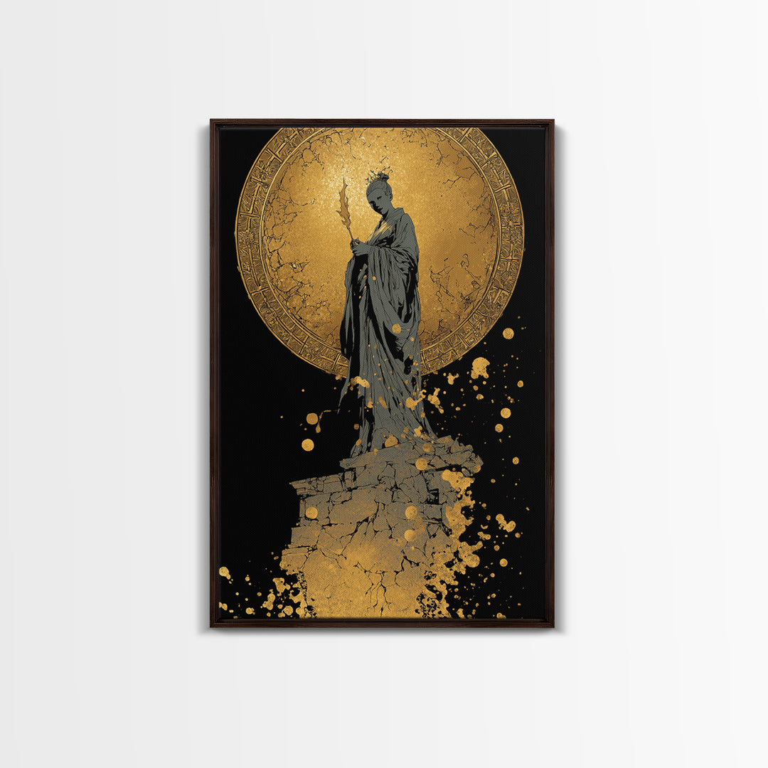 Goddess Statue Canvas Gold Canvas Print, Ancient Mythology Wall Art, Elegant Female Figure Artwork, Real Wood Framed Decor