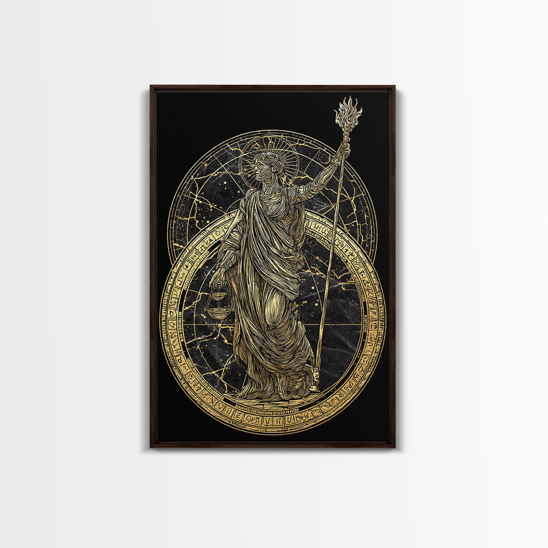 Divine Justice Canvas Gold Canvas Print, Goddess With Torch Wall Art, Mythological Decor, Real Wood Framed Elegant Artwork