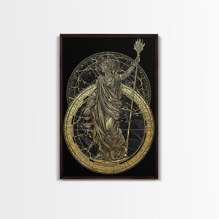 Divine Justice Canvas Gold Canvas Print, Goddess With Torch Wall Art, Mythological Decor, Real Wood Framed Elegant Artwork