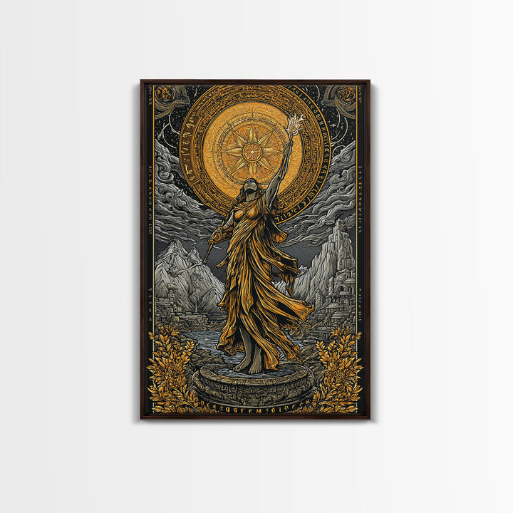 Celestial Goddess Canvas Gold Canvas Print, Mythology Wall Art, Radiant Female Figure Artwork, Real Wood Framed Luxurious Decor