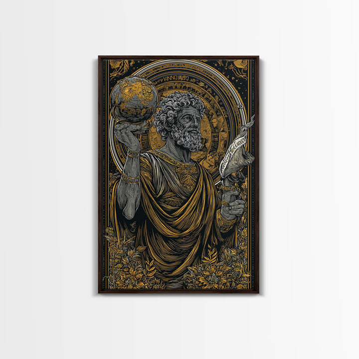 Classical Philosopher Holding Globe Canvas Gold Canvas Print, Ancient Scholar Canvas Gold Art, Real Wood Framed Mythology Decor