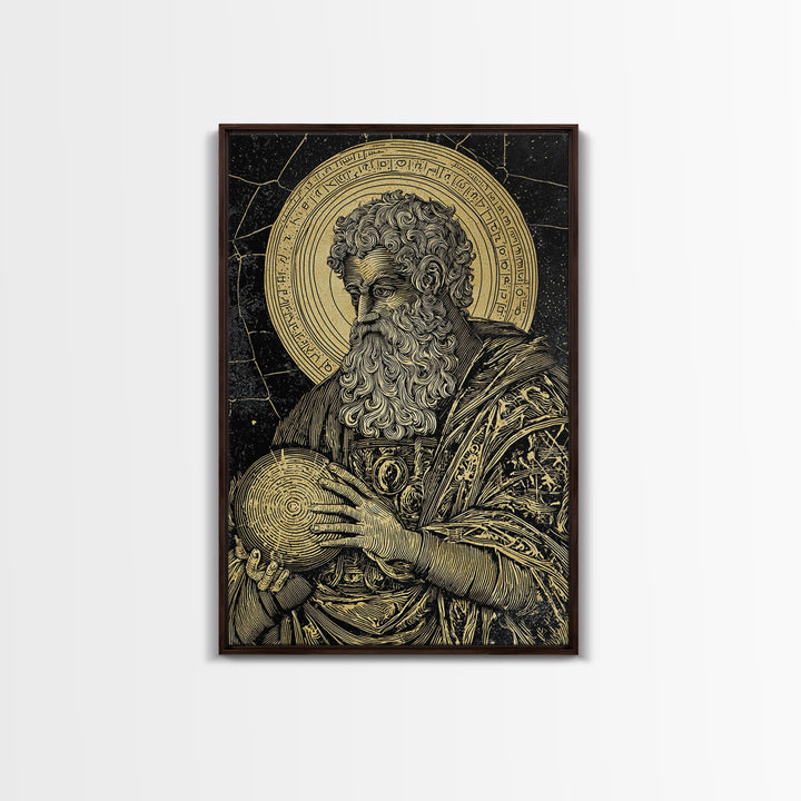 Ancient Philosopher Portrait Canvas Gold Canvas Print, Scholar With Cosmic Halo Canvas Gold Art, Real Wood Frame Historical Wall Art