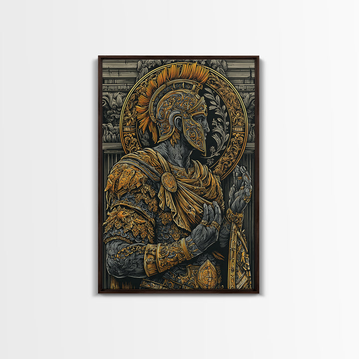 Roman General Warrior Canvas Gold Canvas Print, Gladiator Armor Portrait Canvas Gold Art, Real Wood Frame Classical Mythology Decor