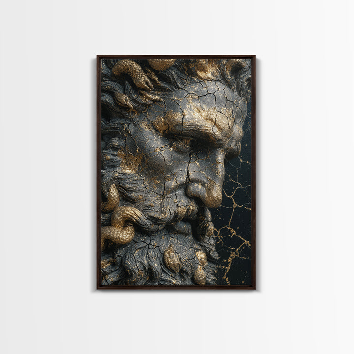 Mythological Sea God Bust Canvas Gold Canvas Print, Ancient Ocean Deity Canvas Gold Art, Real Wood Frame Classical Myth Sculpture