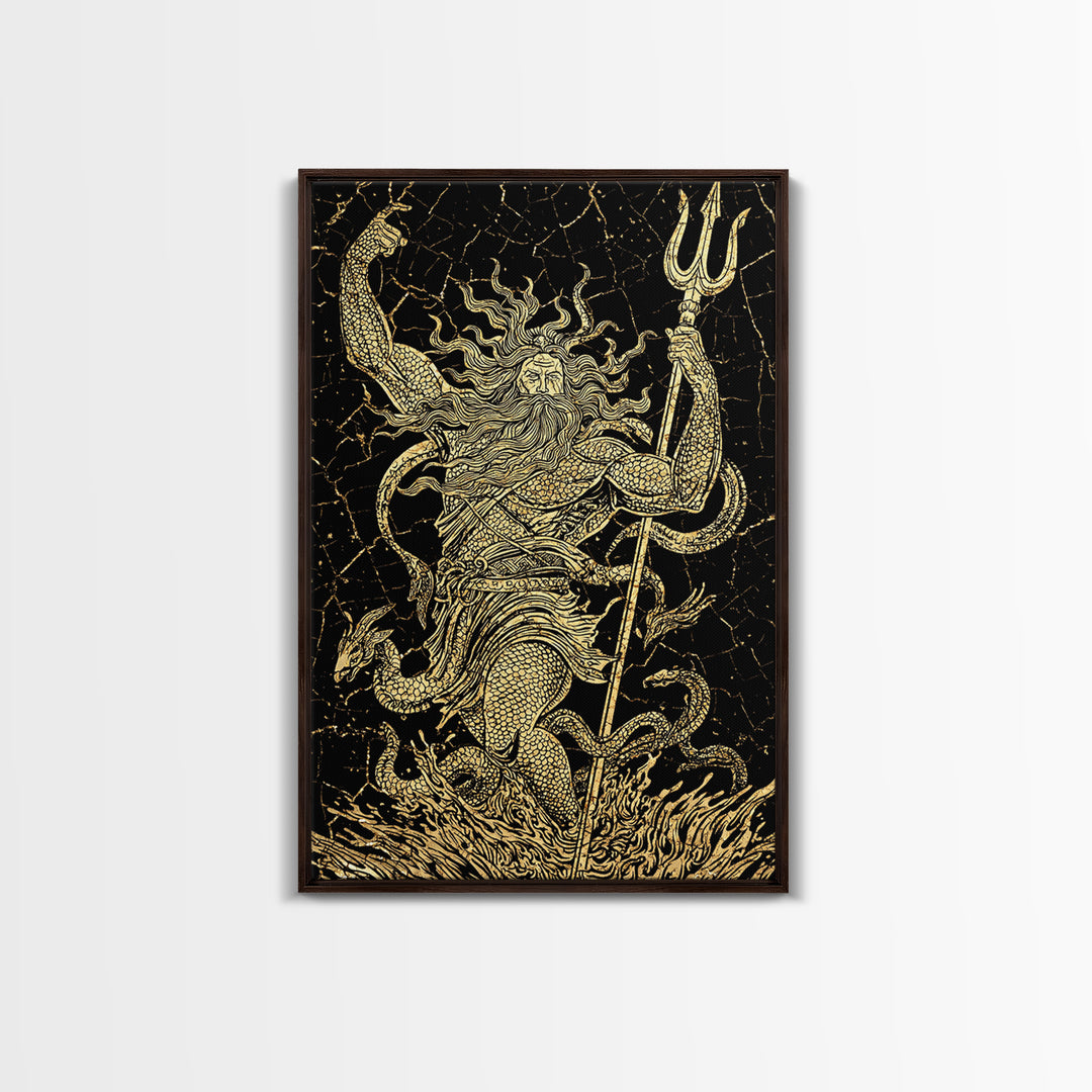 Poseidon Sea God With Serpent Canvas Gold Canvas Print, Ocean Deity With Trident Canvas Gold Art, Real Wood Frame Mythological Decor