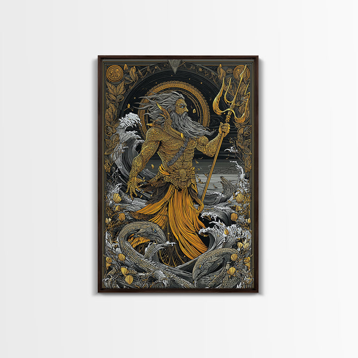 Poseidon Mythical Sea God Canvas Gold Canvas Print, Ocean Trident Warrior Canvas Gold Art, Real Wood Frame Ancient Mythology Decor