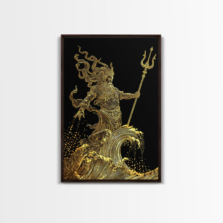 Poseidon Sea God Statue Canvas Gold Canvas Print, Ocean Deity With Waves Canvas Gold Art, Real Wood Frame Classical Mythology Decor